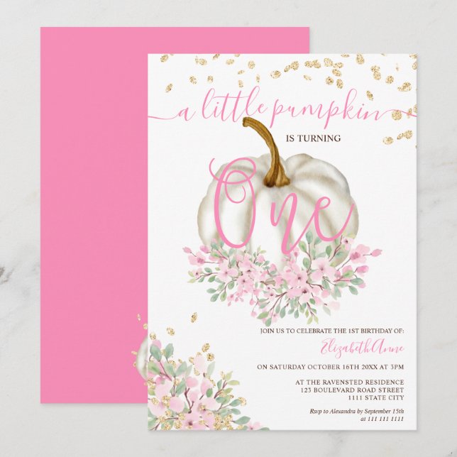 gold pink floral pumpkin watercolor first birthday invitation (Front/Back)