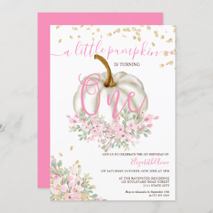 gold pink floral pumpkin watercolor first birthday invitation