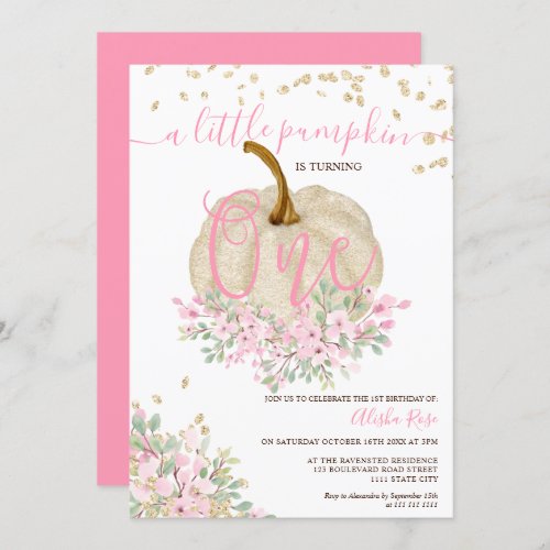 gold pink floral pumpkin watercolor first birthday invitation