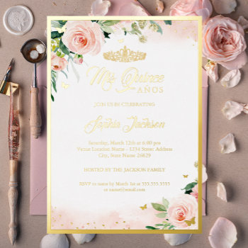 Gold Pink Floral Quinceanera Birthday  Foil Invitation by LittleBayleigh at Zazzle