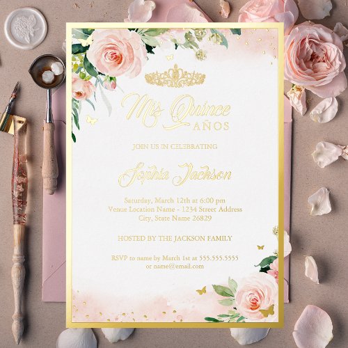 Gold Pink Floral Quinceanera Birthday  Foil Invitation