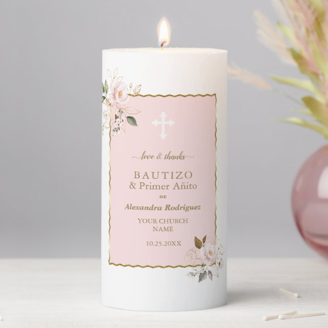 Gold Pink Floral Spanish 1st Birthday Baptism   Pillar Candle (In Situ)