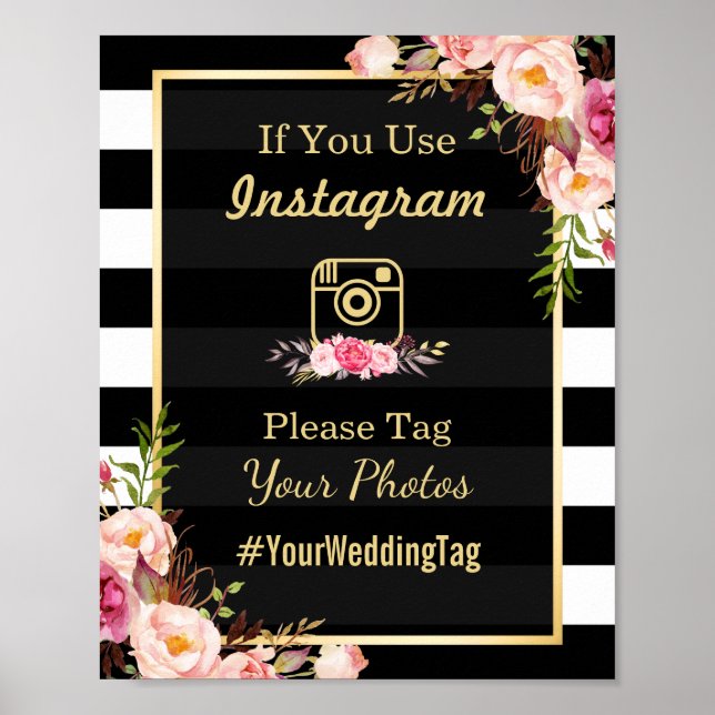 Gold Pink Floral Stripes | Instagram Wedding Sign (Front)