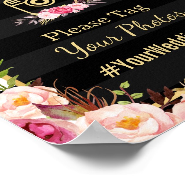 Gold Pink Floral Stripes | Instagram Wedding Sign Poster