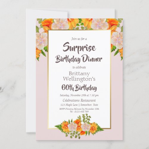 Gold Pink Floral Surprise 60th Birthday Dinner Invitation