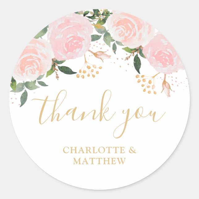 Gold Pink Floral Thank you Favor Classic Round Sticker (Front)