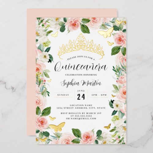 Gold Pink Floral Tiara Butterfly Quinceanera  Foil Invitation