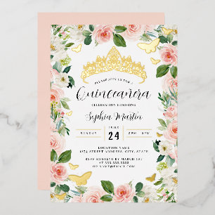 Gold Pink Floral Tiara Butterfly Quinceanera Foil Invitation