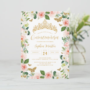 Gold Pink Floral Tiara Butterfly Quinceanera Invitation