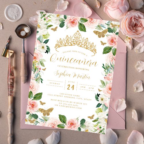 Gold Pink Floral Tiara Butterfly Quinceanera  Invitation