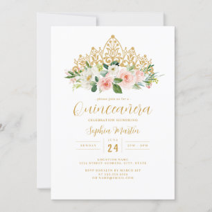 Gold Pink Floral Tiara Quinceanera Invitation