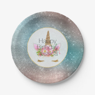 Gold Pink Floral Unicorn Birthday Paper Plates