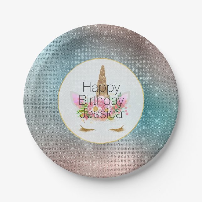 Gold Pink Floral Unicorn Birthday Paper Plates (Front)