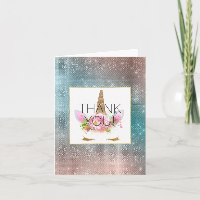 Gold Pink Floral Unicorn Thank you Card (Front)