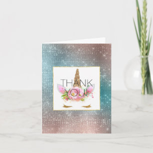 Gold Pink Floral Unicorn Thank you Card