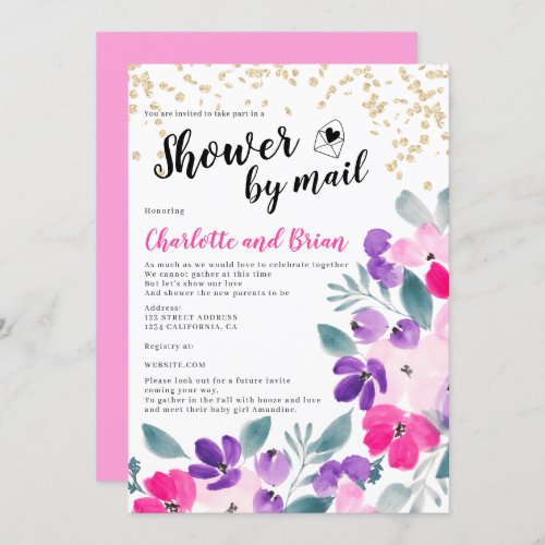 Gold pink floral watercolor baby shower by mail invitation