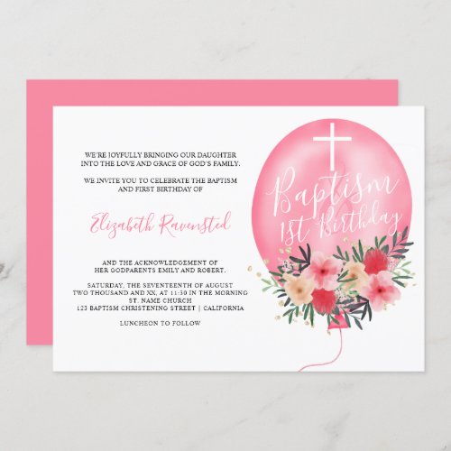 Gold pink floral watercolor baptism 1st birthday invitation