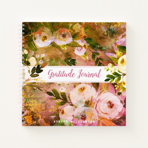 Gold pink floral watercolor boho gratitude journal