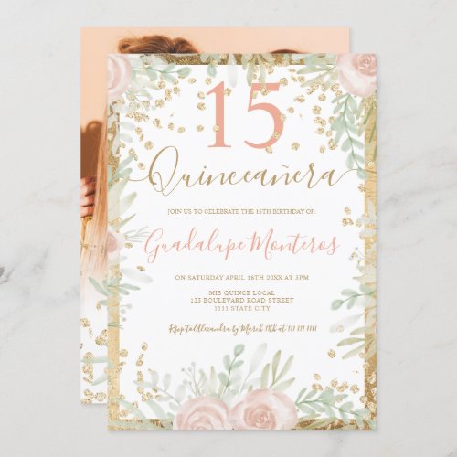 Gold pink floral watercolor Quinceanera photo Invitation