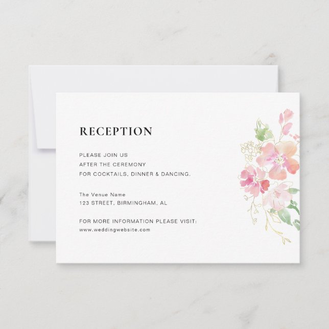 gold & pink floral wedding reception card (Front)