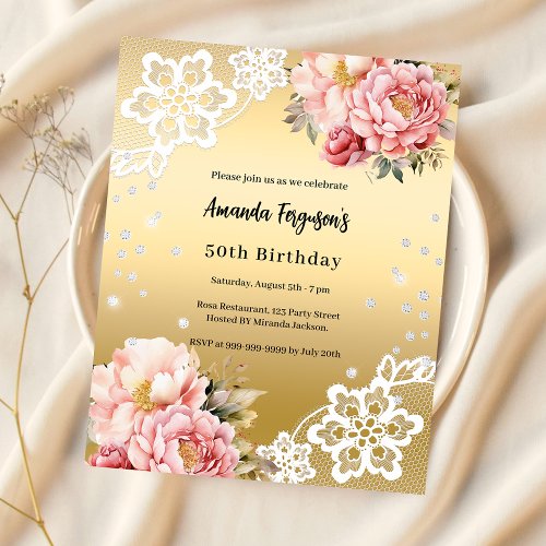 Gold pink florals 50th birthday invitation