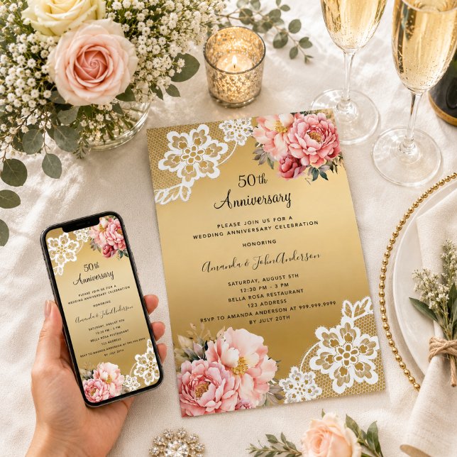 Gold pink florals 50th wedding anniversary invitation (Creator Uploaded)