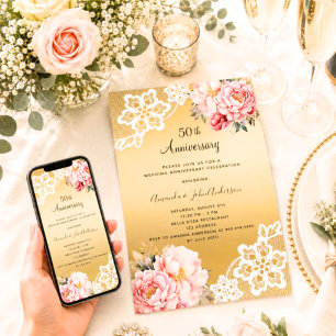 Gold pink florals 50th wedding anniversary invitation