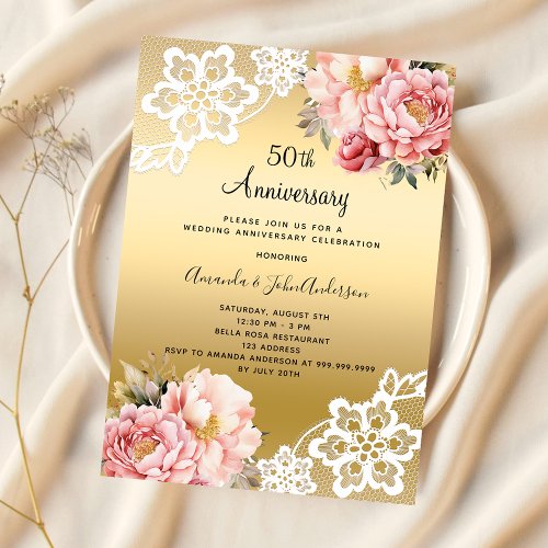 Gold pink florals 50th wedding anniversary invitation