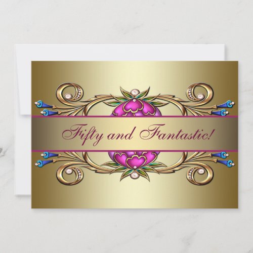 Gold Pink Flower Womans 50th Birthday Party Custom Invitation