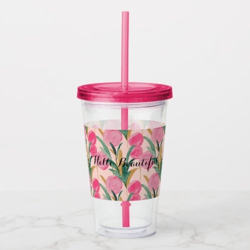 Gold Pink Flowers Acrylic Tumbler