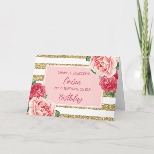 Gold Pink Flowers Cousin Birthday Card