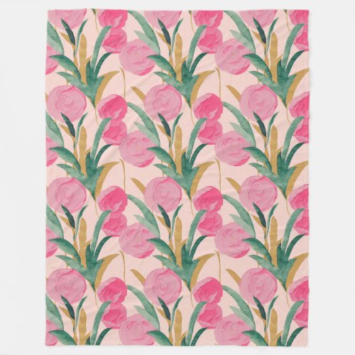 Gold Pink Flowers Fleece Blanket