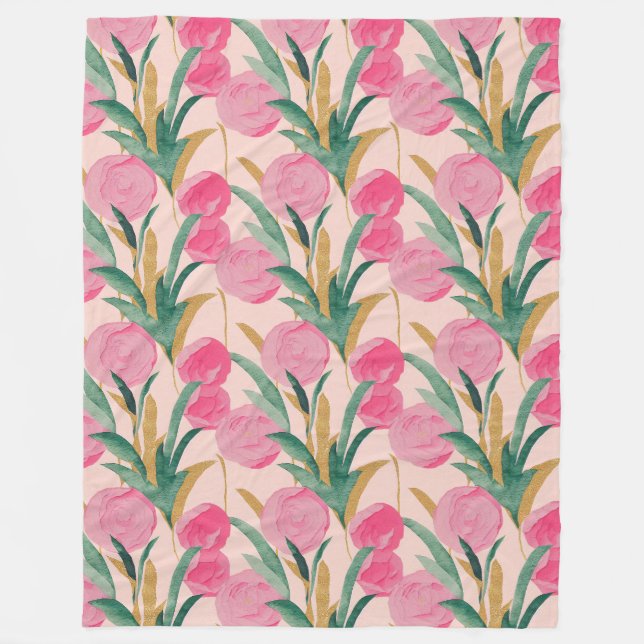 Gold Pink Flowers Fleece Blanket (Front)