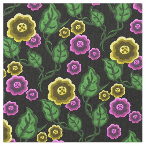 Gold/pink flowers/green leaves/Folk  floral/black Fabric