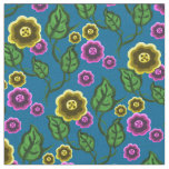 Gold/pink flowers/green leaves/Folk  floral/blue Fabric