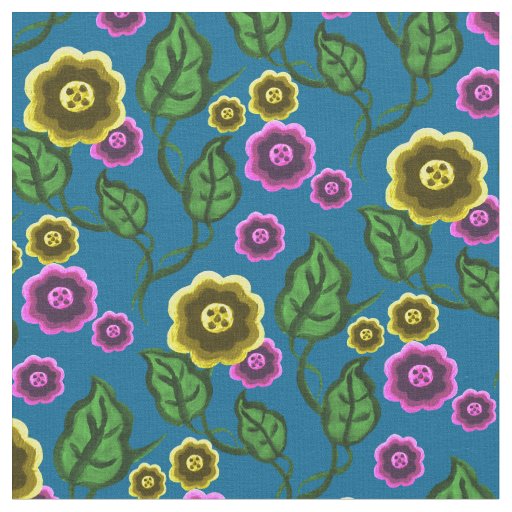Gold/pink flowers/green leaves/Folk  floral/blue Fabric