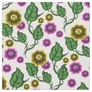 Gold/pink flowers/green leaves/Folk  floral Fabric
