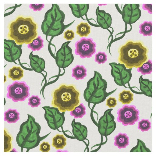 Gold/pink flowers/green leaves/Folk  floral Fabric