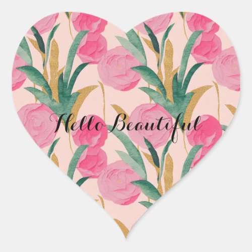 Gold Pink Flowers Heart Sticker