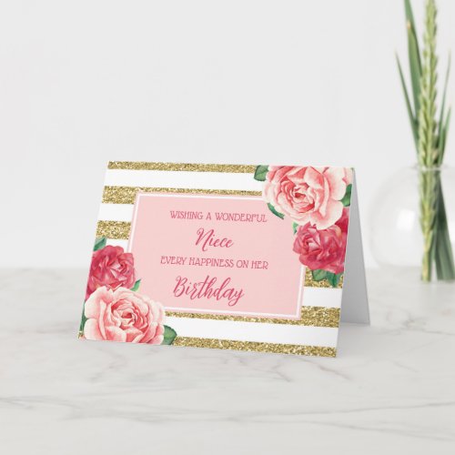 Gold Pink Flowers Niece Birthday Card