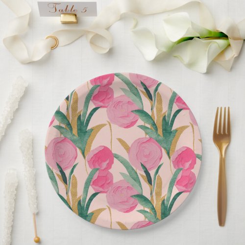 Gold Pink Flowers Paper Plates