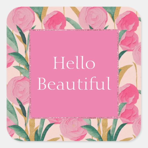 Gold Pink Flowers Square Sticker