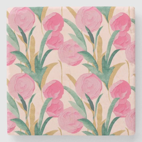 Gold Pink Flowers Stone Coaster