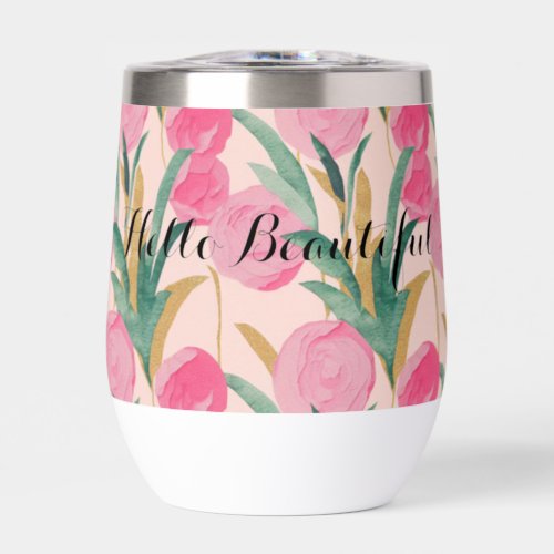 Gold Pink Flowers Thermal Wine Tumbler