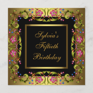 Gold Pink Flowers Womans 50th Birthday Party Invitation