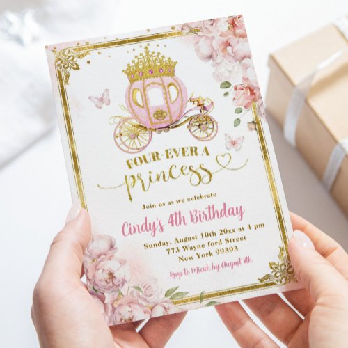 Gold Pink Fourever a Princess Carriage Birthday Invitation