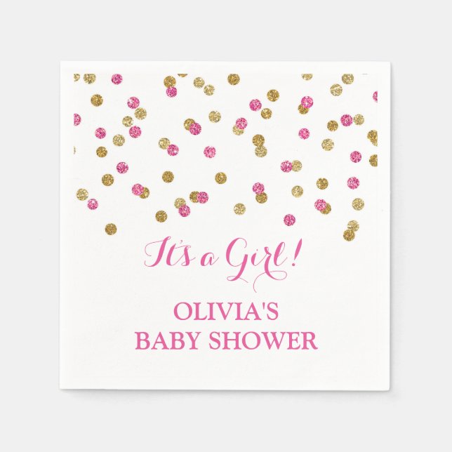 Gold Pink Fuchsia Confetti Baby Shower Paper Napkins (Front)