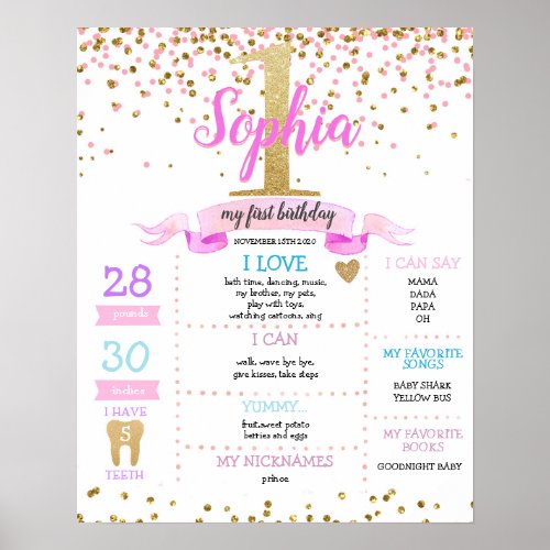 Gold Pink Girl First Birthday Milestone Poster