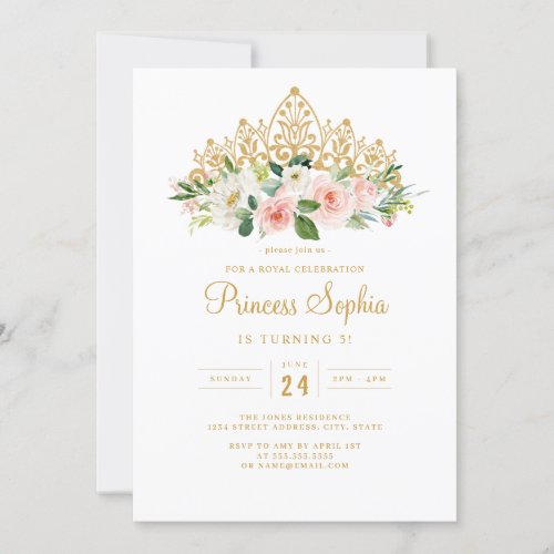 Gold Pink Girls Princess Floral Tiara Birthday Invitation