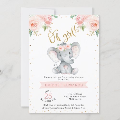 Gold Pink Girls Safari Elephant Baby Shower Invitation